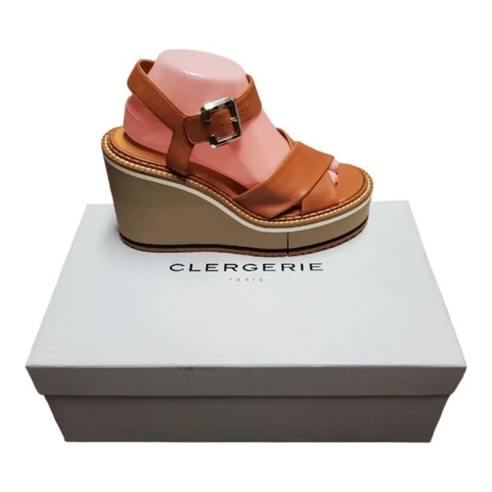 NIB Clergerie Noemie Platform Wedge Sandal Brown Leather Size 39.5 / 9.5 NEW